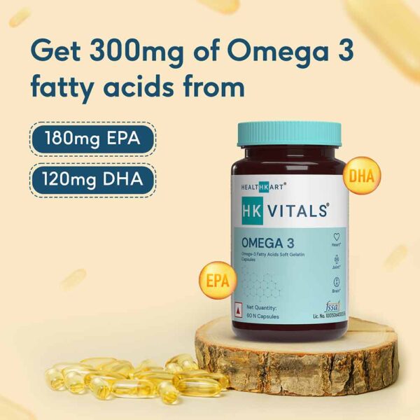 HK Vitals Omega 3 Fatty Acids with DHA & EPA | For Heart, Joint & Brain Health | Soft Gelatin Capsule